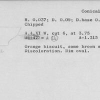 Index card with typed and handwritten information, sometimes including a sketch, of pottery from an excavation.