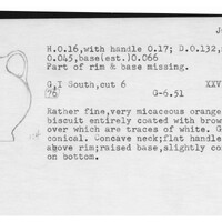 Index card with typed and handwritten information, sometimes including a sketch, of pottery from an excavation.