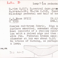 Index card with typed and handwritten information, sometimes including a sketch, of pottery from an excavation.