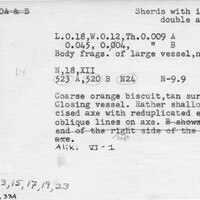 Index card with typed and handwritten information, sometimes including a sketch, of pottery from an excavation.
