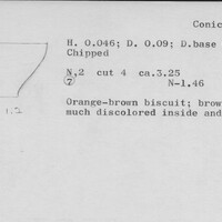 Index card with typed and handwritten information, sometimes including a sketch, of pottery from an excavation.