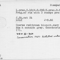 Index card with typed and handwritten information, sometimes including a sketch, of pottery from an excavation.