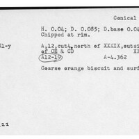 Index card with typed and handwritten information, sometimes including a sketch, of pottery from an excavation.