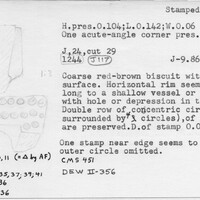 Index card with typed and handwritten information, sometimes including a sketch, of pottery from an excavation.