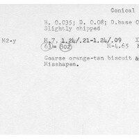 Index card with typed and handwritten information, sometimes including a sketch, of pottery from an excavation.