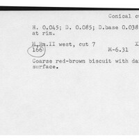Index card with typed and handwritten information, sometimes including a sketch, of pottery from an excavation.