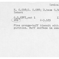 Index card with typed and handwritten information, sometimes including a sketch, of pottery from an excavation.