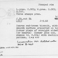 Index card with typed and handwritten information, sometimes including a sketch, of pottery from an excavation.