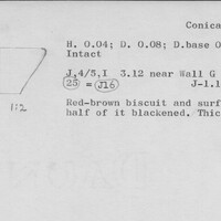 Index card with typed and handwritten information, sometimes including a sketch, of pottery from an excavation.