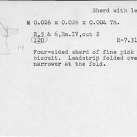 Index card with typed and handwritten information, sometimes including a sketch, of pottery from an excavation.