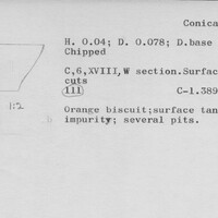 Index card with typed and handwritten information, sometimes including a sketch, of pottery from an excavation.