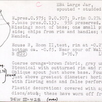 Index card with typed and handwritten information, sometimes including a sketch, of pottery from an excavation.
