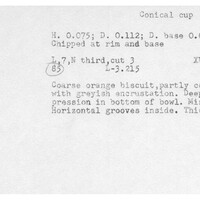 Index card with typed and handwritten information, sometimes including a sketch, of pottery from an excavation.