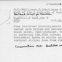 Index card with typed and handwritten information, sometimes including a sketch, of pottery from an excavation.
