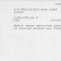 Index card with typed and handwritten information, sometimes including a sketch, of pottery from an excavation.