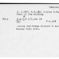 Index card with typed and handwritten information, sometimes including a sketch, of pottery from an excavation.
