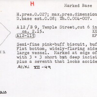 Index card with typed and handwritten information, sometimes including a sketch, of pottery from an excavation.