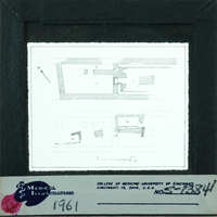 A black and white drawing of the temple building with architectural details