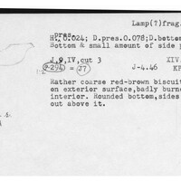 Index card with typed and handwritten information, sometimes including a sketch, of pottery from an excavation.