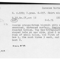 Index card with typed and handwritten information, sometimes including a sketch, of pottery from an excavation.
