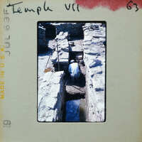 A person working on the ruins of an ancient stone structure.
