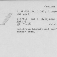 Index card with typed and handwritten information, sometimes including a sketch, of pottery from an excavation.