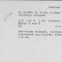 Index card with typed and handwritten information, sometimes including a sketch, of pottery from an excavation.