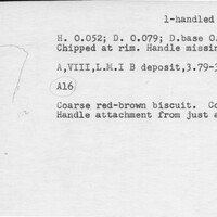 Index card with typed and handwritten information, sometimes including a sketch, of pottery from an excavation.