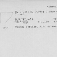 Index card with typed and handwritten information, sometimes including a sketch, of pottery from an excavation.