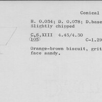 Index card with typed and handwritten information, sometimes including a sketch, of pottery from an excavation.