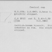 Index card with typed and handwritten information, sometimes including a sketch, of pottery from an excavation.