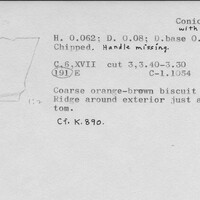 Index card with typed and handwritten information, sometimes including a sketch, of pottery from an excavation.