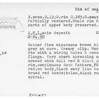Index card with typed and handwritten information, sometimes including a sketch, of pottery from an excavation.
