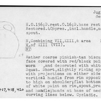 Index card with typed and handwritten information, sometimes including a sketch, of pottery from an excavation.