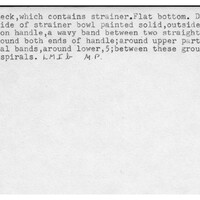 Index card with typed and handwritten information, sometimes including a sketch, of pottery from an excavation.