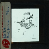 A black and white image of a city map with handwritten notes on the border.