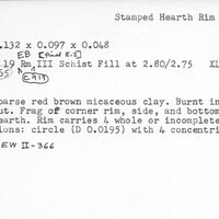 Index card with typed and handwritten information, sometimes including a sketch, of pottery from an excavation.