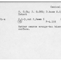 Index card with typed and handwritten information, sometimes including a sketch, of pottery from an excavation.