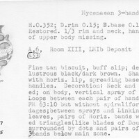 Index card with typed and handwritten information, sometimes including a sketch, of pottery from an excavation.