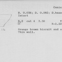 Index card with typed and handwritten information, sometimes including a sketch, of pottery from an excavation.