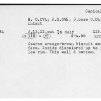 Index card with typed and handwritten information, sometimes including a sketch, of pottery from an excavation.