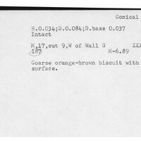 Index card with typed and handwritten information, sometimes including a sketch, of pottery from an excavation.