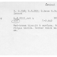 Index card with typed and handwritten information, sometimes including a sketch, of pottery from an excavation.