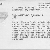 Index card with typed and handwritten information, sometimes including a sketch, of pottery from an excavation.