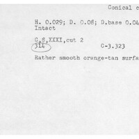 Index card with typed and handwritten information, sometimes including a sketch, of pottery from an excavation.