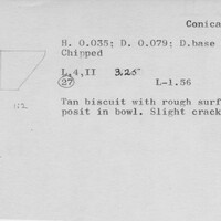 Index card with typed and handwritten information, sometimes including a sketch, of pottery from an excavation.
