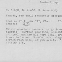 Index card with typed and handwritten information, sometimes including a sketch, of pottery from an excavation.
