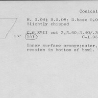 Index card with typed and handwritten information, sometimes including a sketch, of pottery from an excavation.