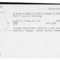 Index card with typed and handwritten information, sometimes including a sketch, of pottery from an excavation.