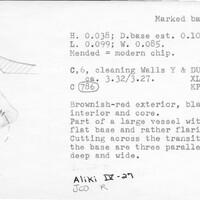 Index card with typed and handwritten information, sometimes including a sketch, of pottery from an excavation.